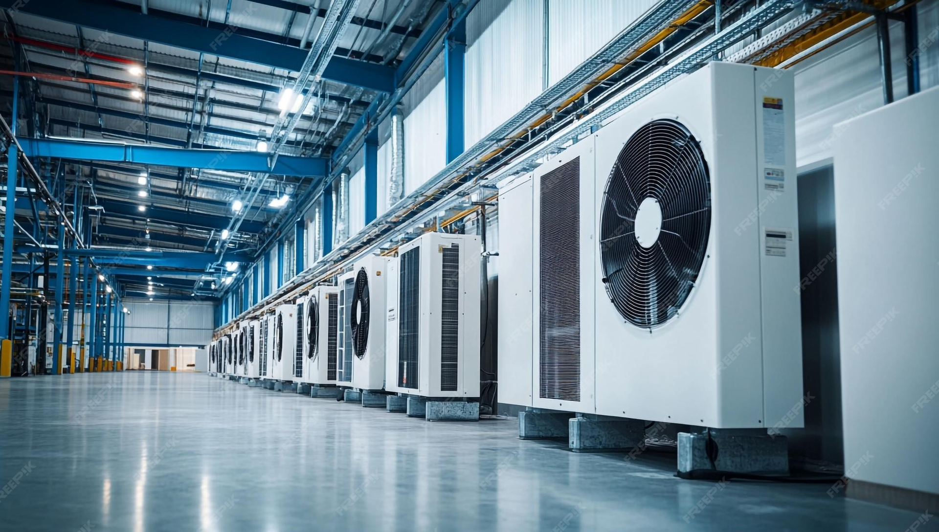 Row of large industrial HVAC units in a factory setting.