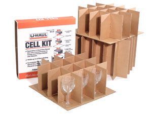 U-Haul Cell Kit with assembled cardboard dividers for packing glasses; box shown on left.