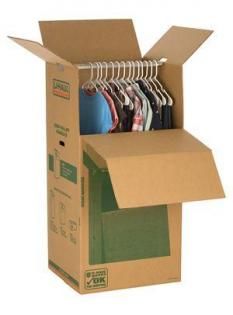Cardboard wardrobe box with clothes hanging inside. Top and front flaps are open.