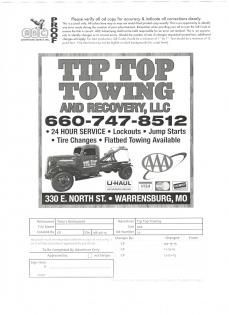 Advertisement for Tip Top Towing and Recovery, LLC.  Features a tow truck and contact info.