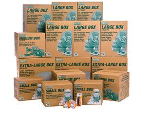 Stack of moving boxes in various sizes labeled as small, medium, large, and extra-large.