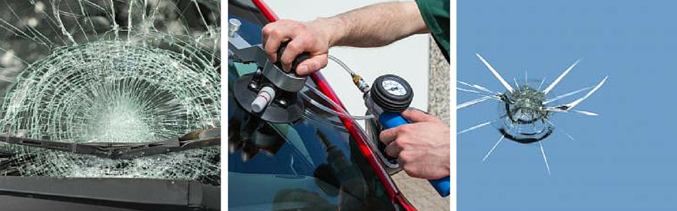 Windshield damage, repair process: shattered, being repaired with tools, repaired.