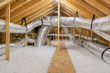 Attic with insulated silver HVAC ducts and white blown insulation between wooden rafters