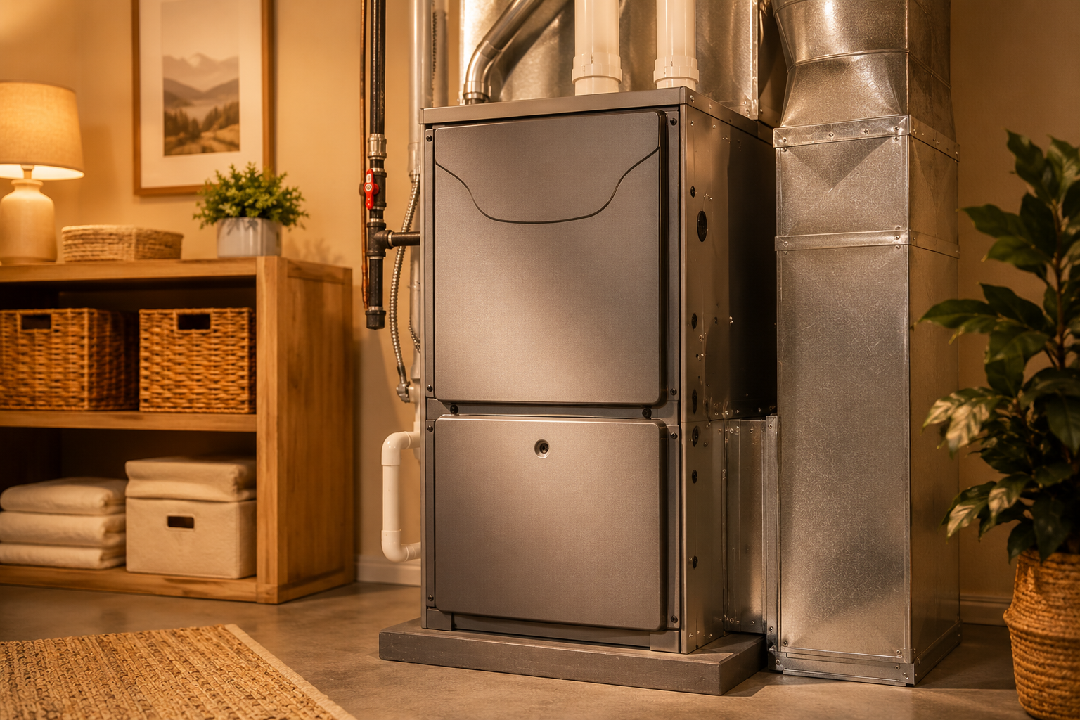 Two stacked gray metal furnace units in a cozy living room beside a wooden shelf and potted plants
