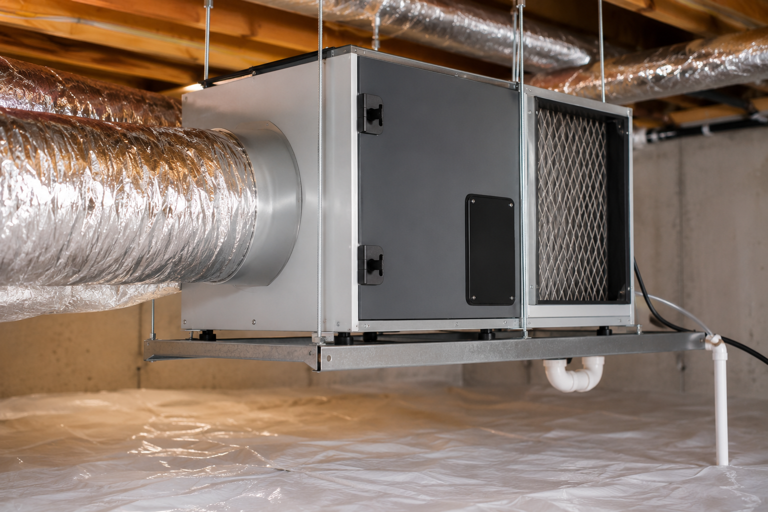 Attic HVAC unit connected to a silver duct, mounted above a plastic-covered floor