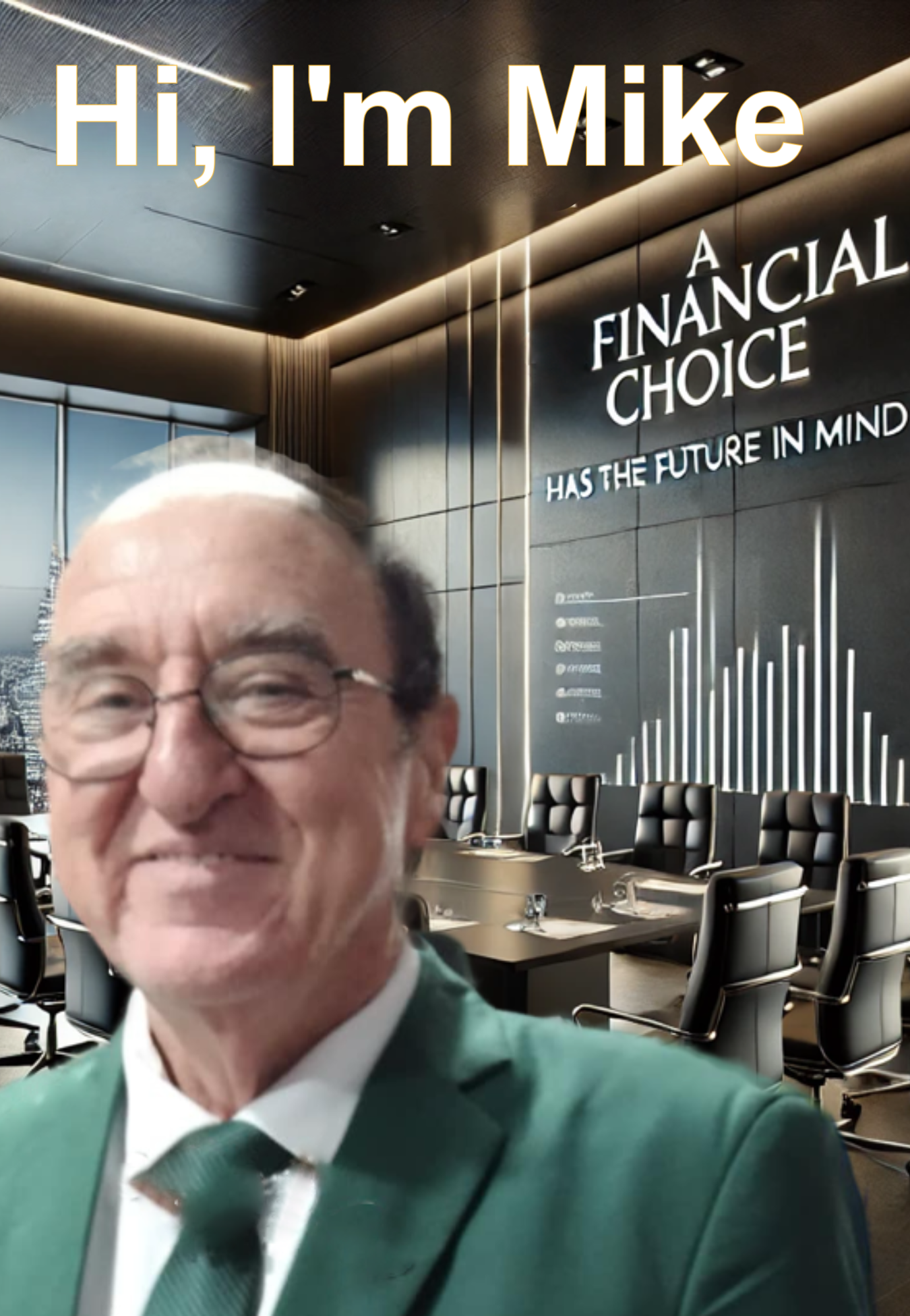 A man in a green suit and tie is standing in front of a financial choice sign