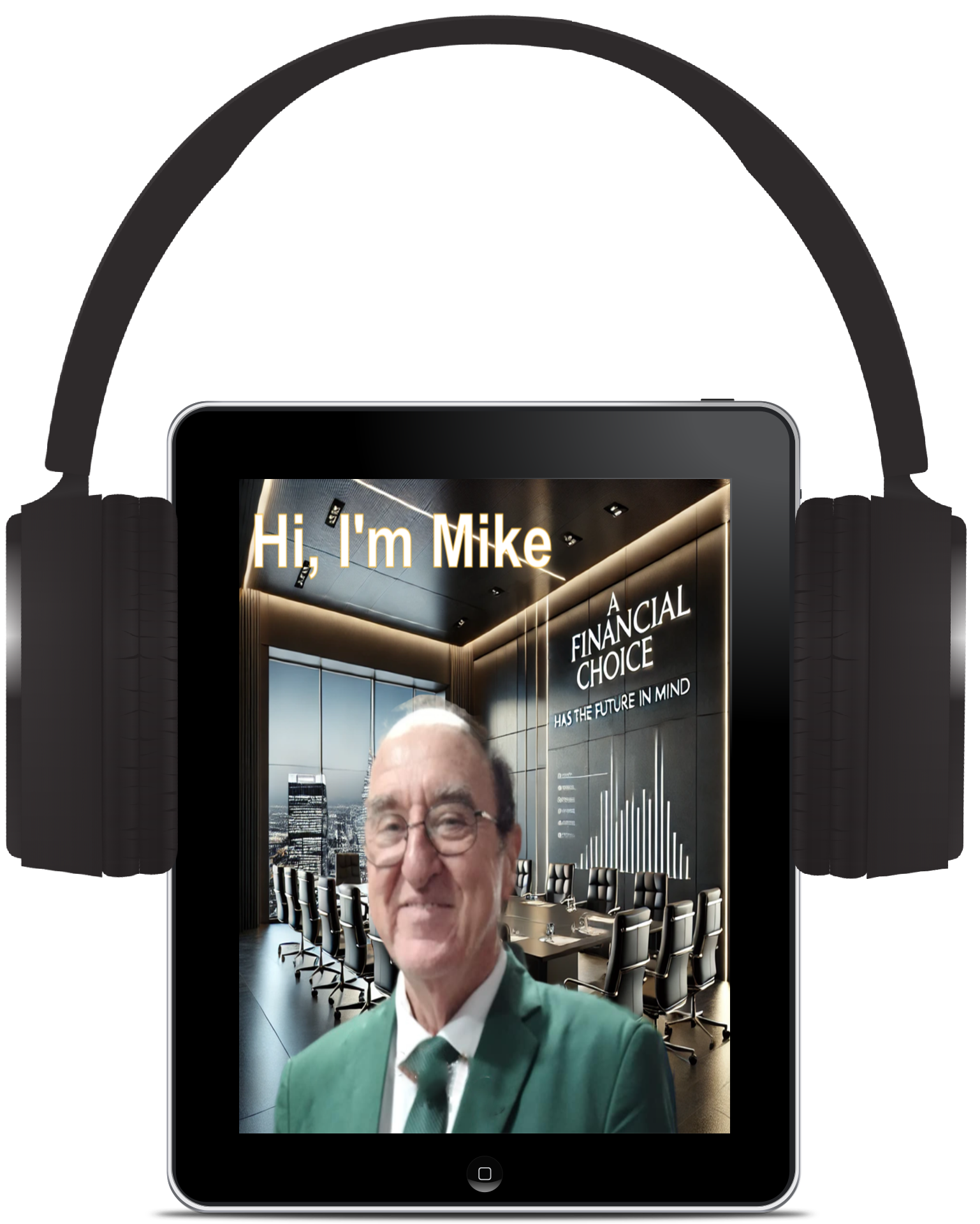 A man in a suit and tie is on a tablet with headphones on.