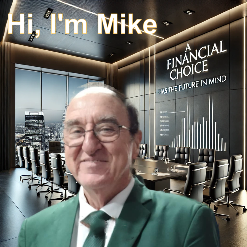 A man in a green suit and tie stands in front of a financial choice sign