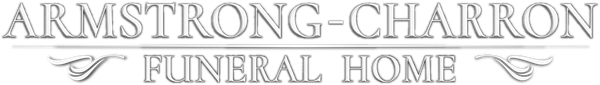 Armstrong-Charron Funeral Home logo. Text in ornate font with decorative flourishes.
