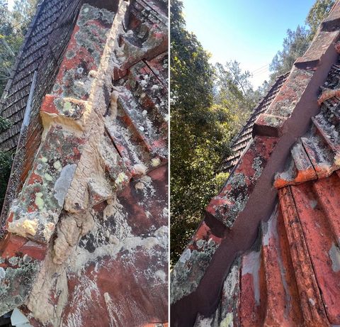 A before and after picture of a roof with a lot of peeling paint. — Boss Roof Tiling and Restoration In Caboolture, QLD