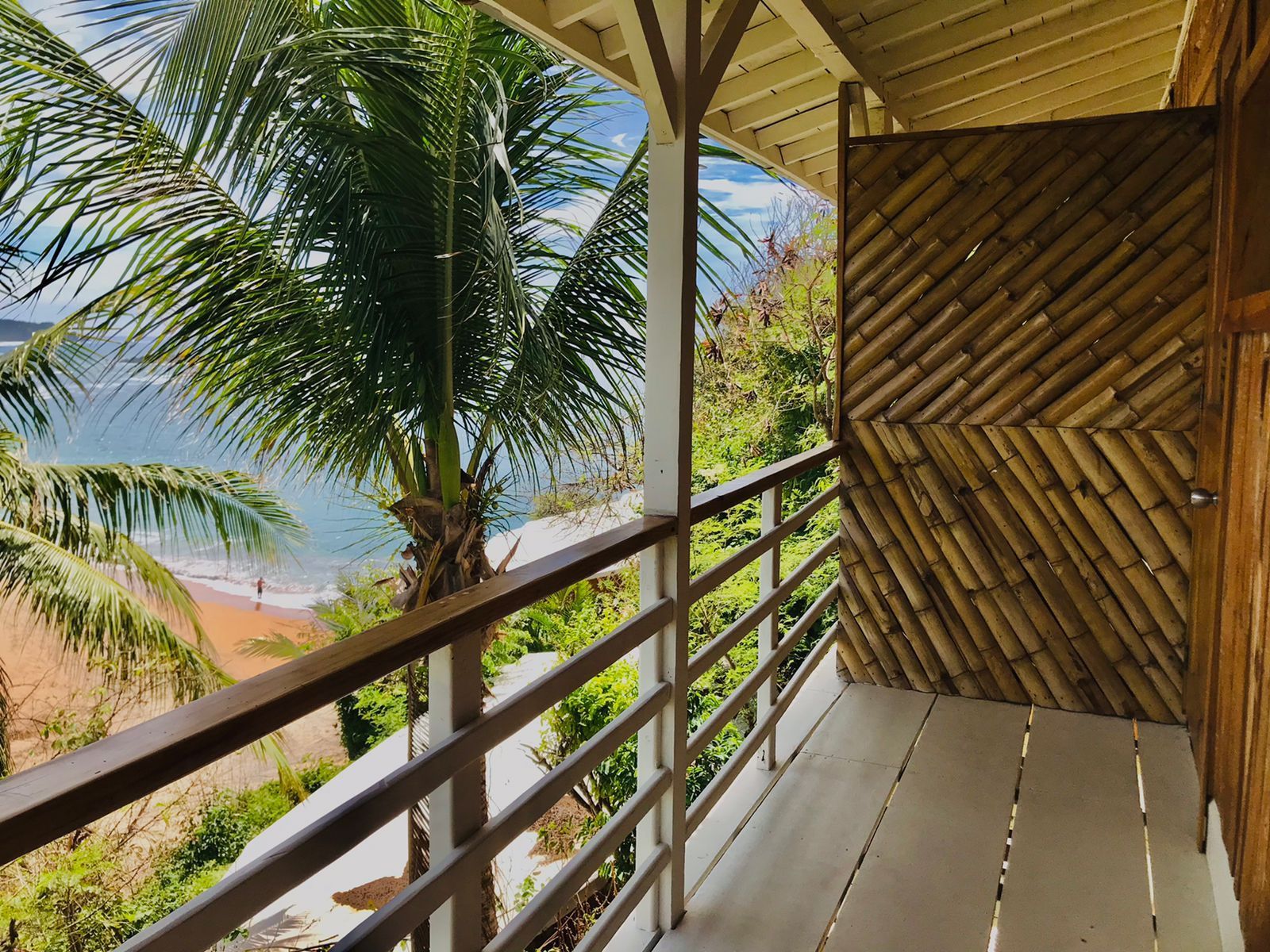 Balcón con vistas a la playa, palmeras y puerta con paneles de bambú en mazunte, oaxaca