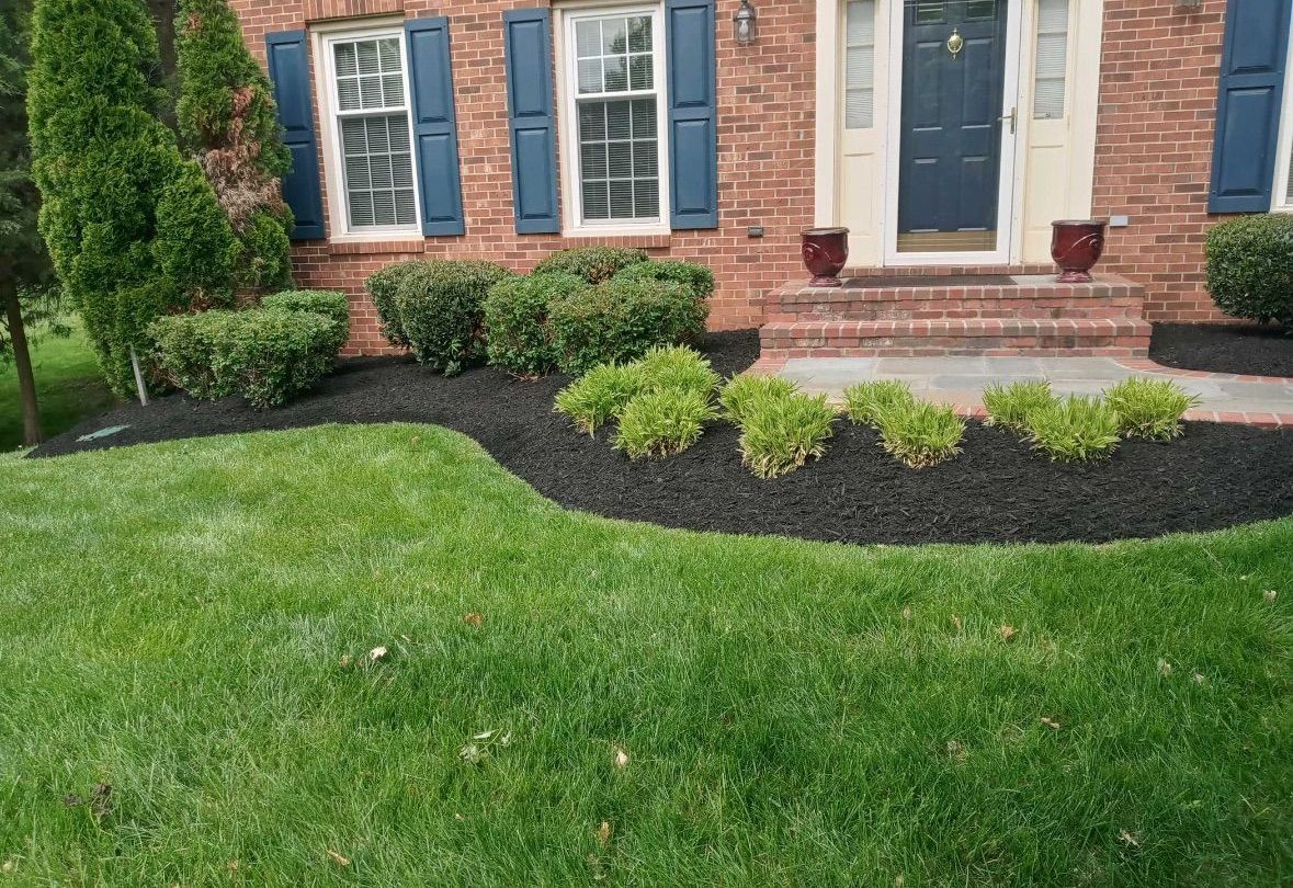 A brick house with blue shutters and a lush green lawn in front of it.