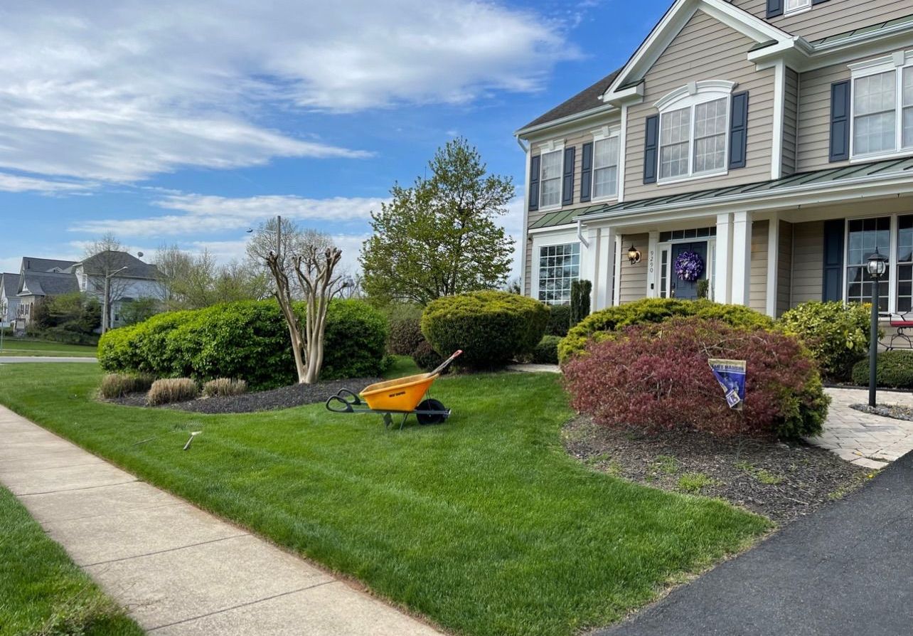 A yellow wheelbarrow is parked in front of a house.