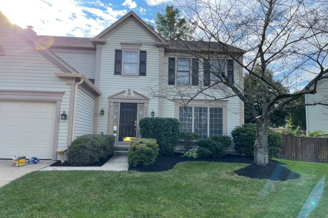 A white house with black shutters and a tree in front of it