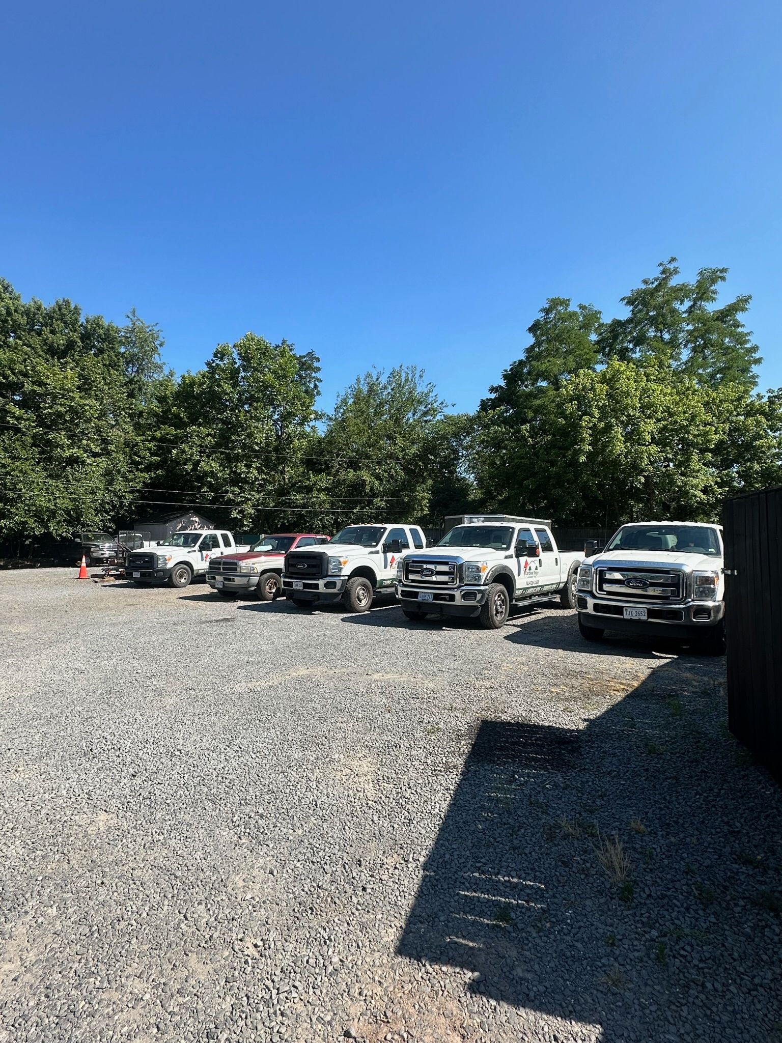 A row of trucks are parked in a gravel lot.