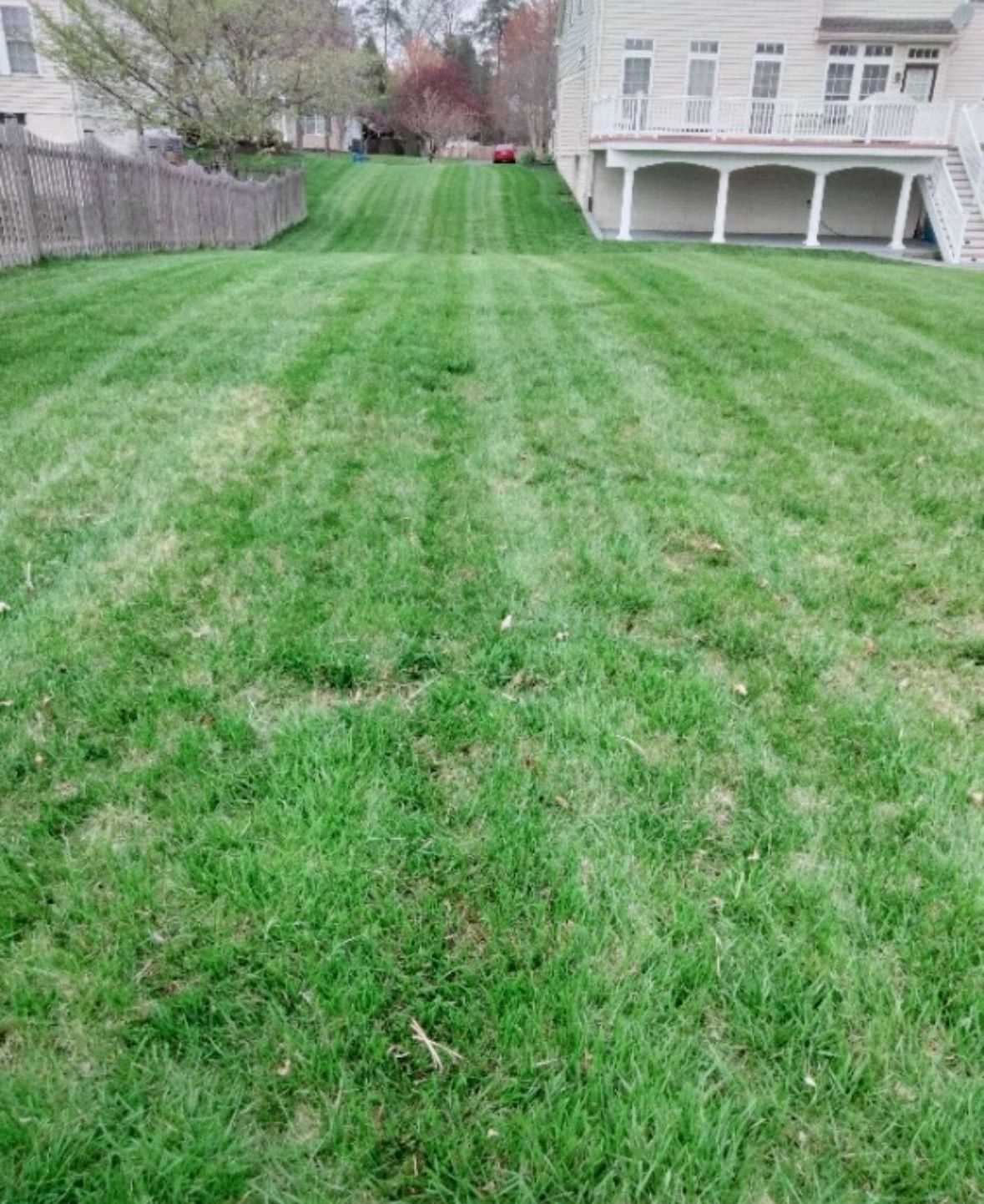 A lush green lawn is being mowed in front of a house.