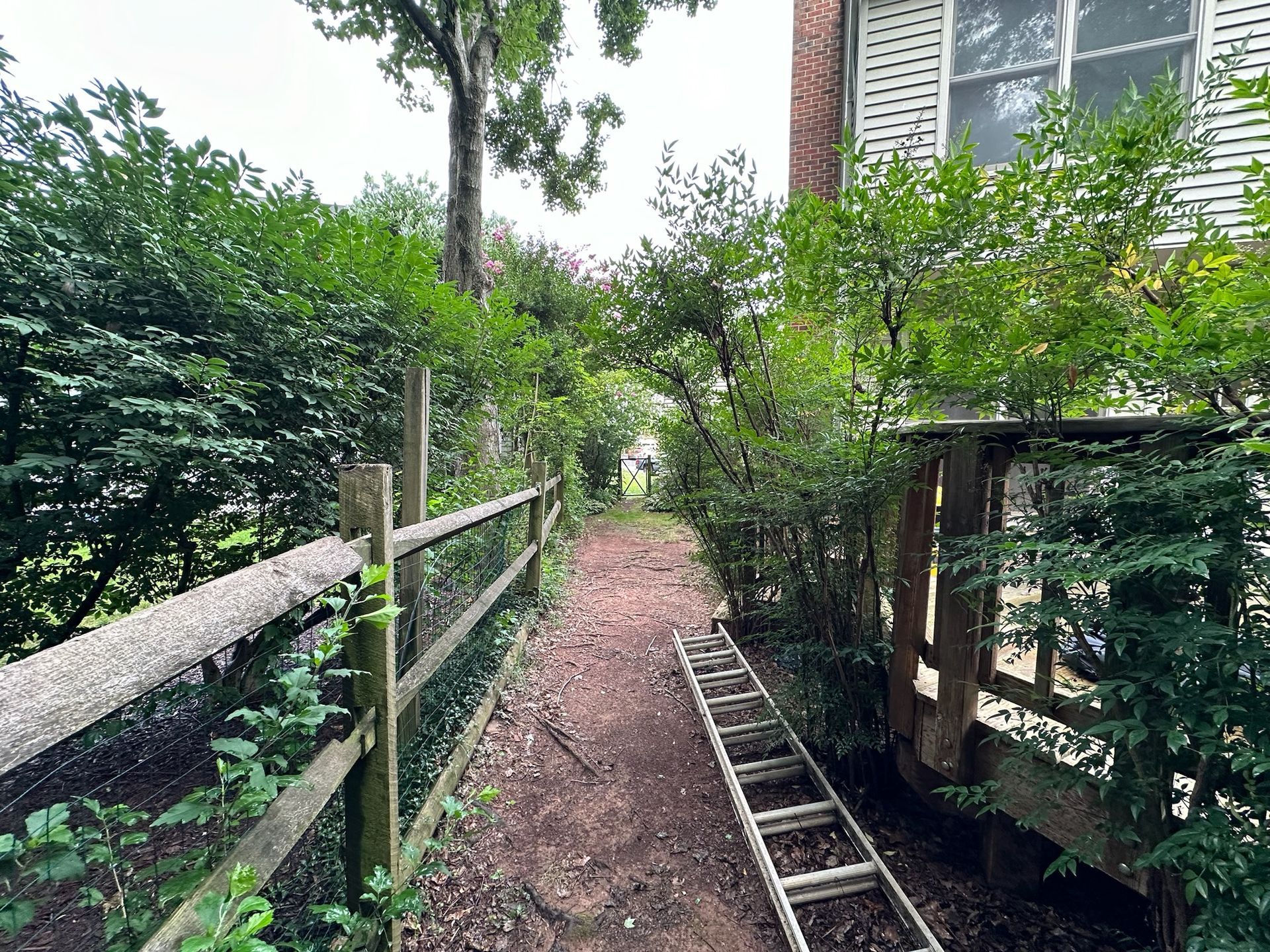 A wooden fence surrounds a dirt path leading to a house.