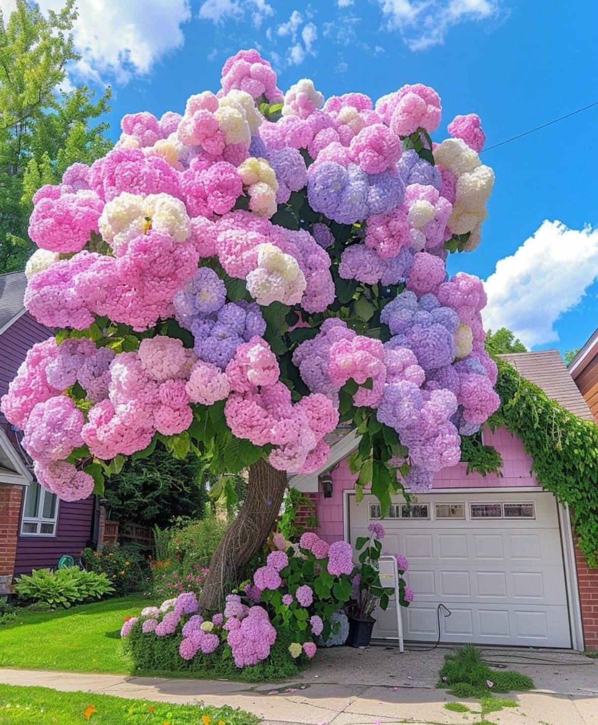 A tree covered in pink and purple flowers is in front of a pink house.