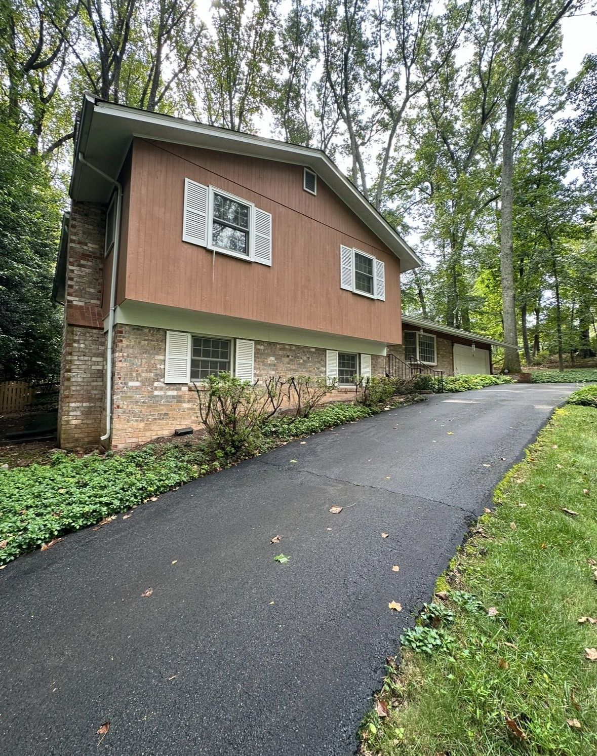 A house with a driveway leading to it is surrounded by trees.