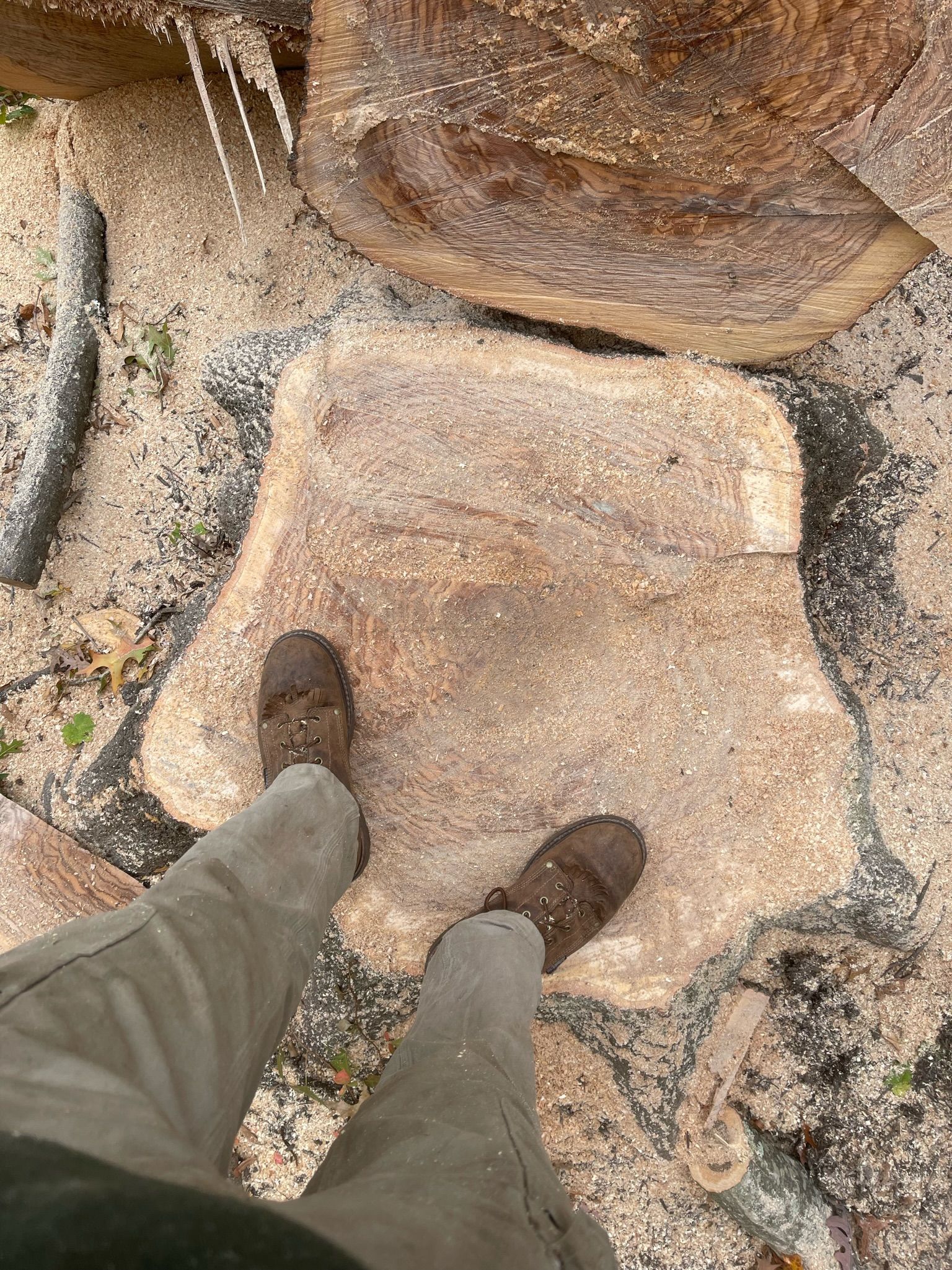 A person is standing on a rock in the sand.