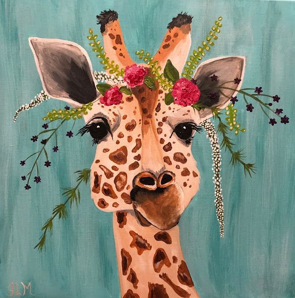 A painting of a giraffe with flowers on its head