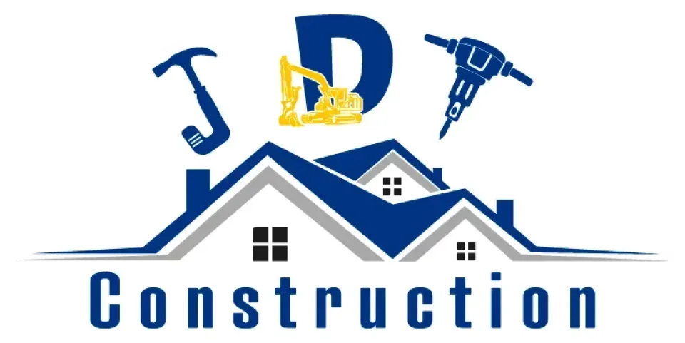 Logo for JD Construction: a house silhouette with tools, JD letters, and text "Construction" in blue.