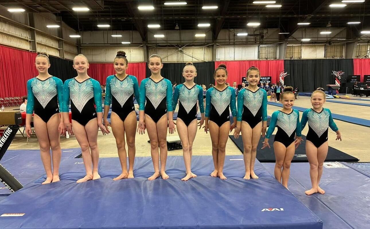 A group of young girls are standing next to each other on a mat in a gym.