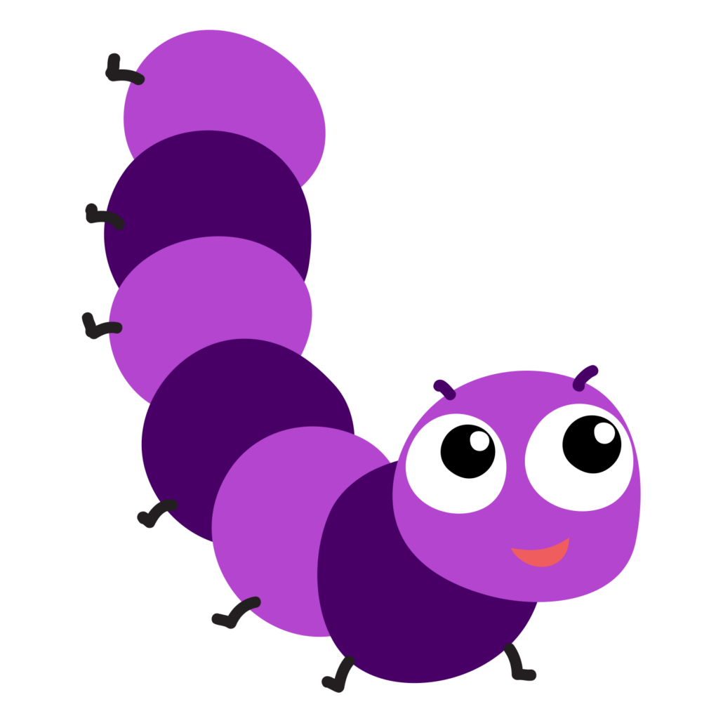 A purple caterpillar with big eyes is crawling on a white background.