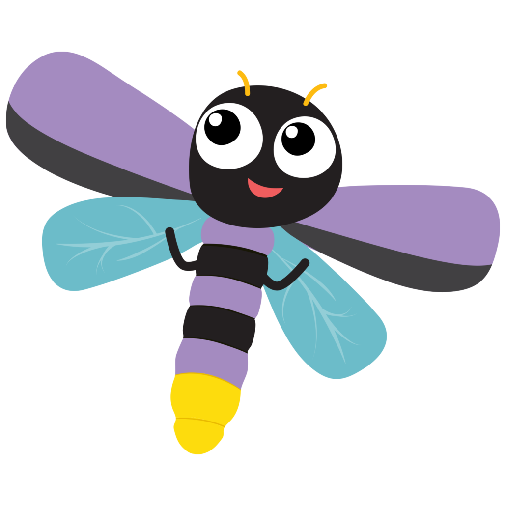 A cartoon dragonfly with purple wings and a yellow tail