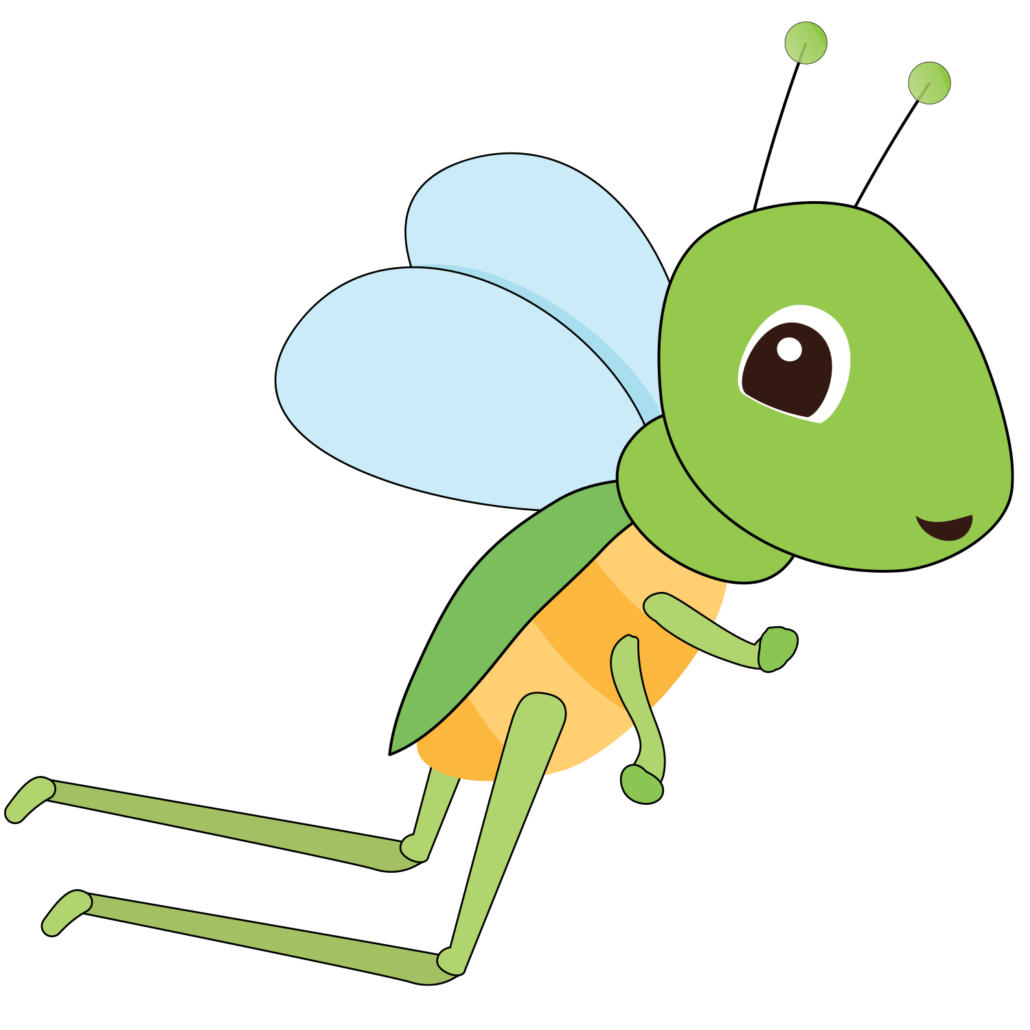 A cartoon grasshopper with wings is flying in the air