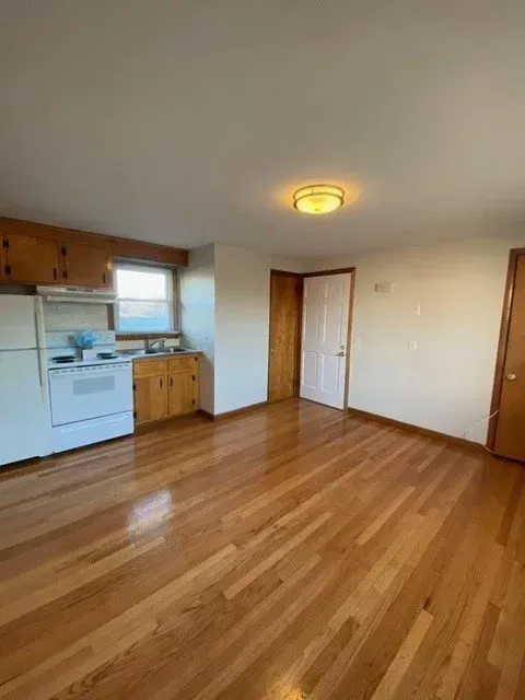Empty living room with hardwood floors, small kitchen area, white walls, and a ceiling light.
