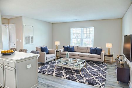 Bright living room with beige sofas, patterned rug, lamps, and a kitchen island in the foreground
