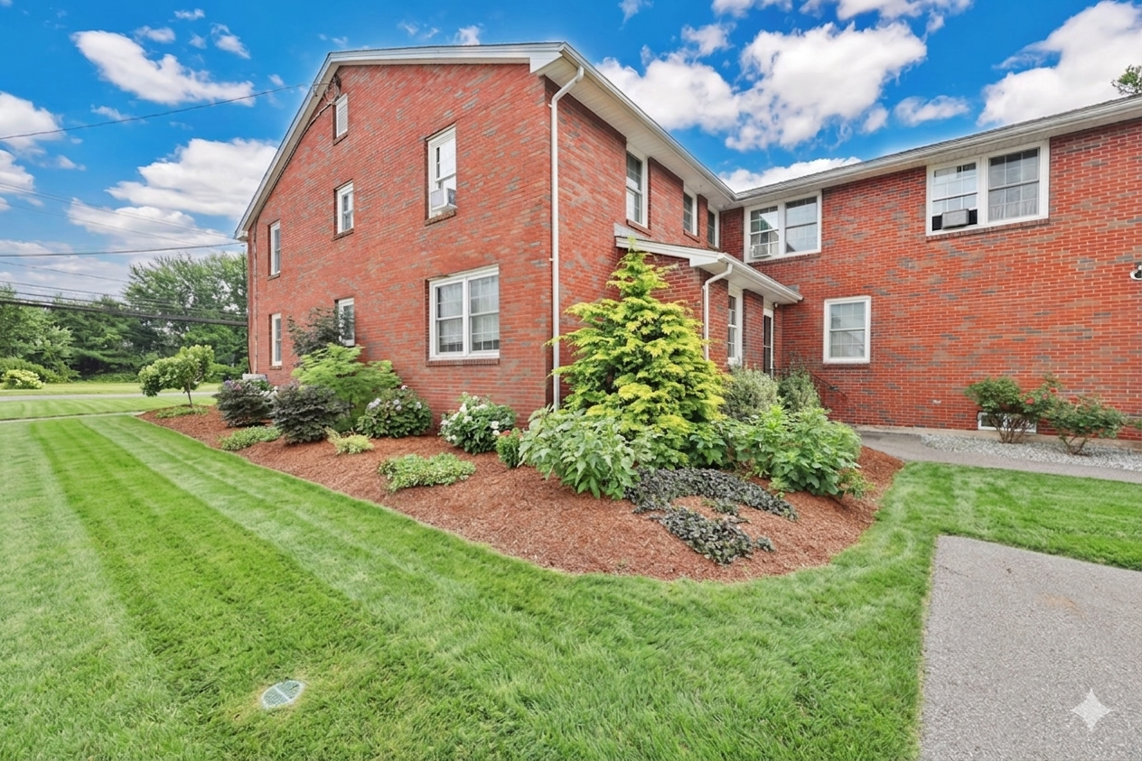 Red brick apartment building with landscaped lawn and walkway under a blue, cloudy sky