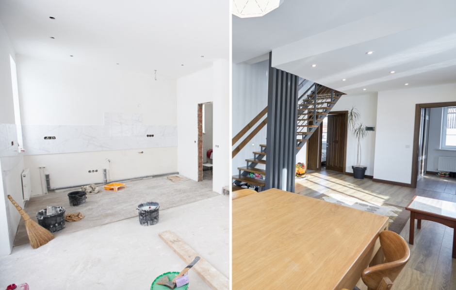 A before and after photo of a house under construction.
