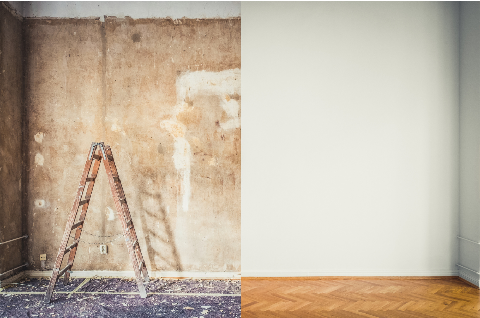 A before and after picture of a room being remodeled.