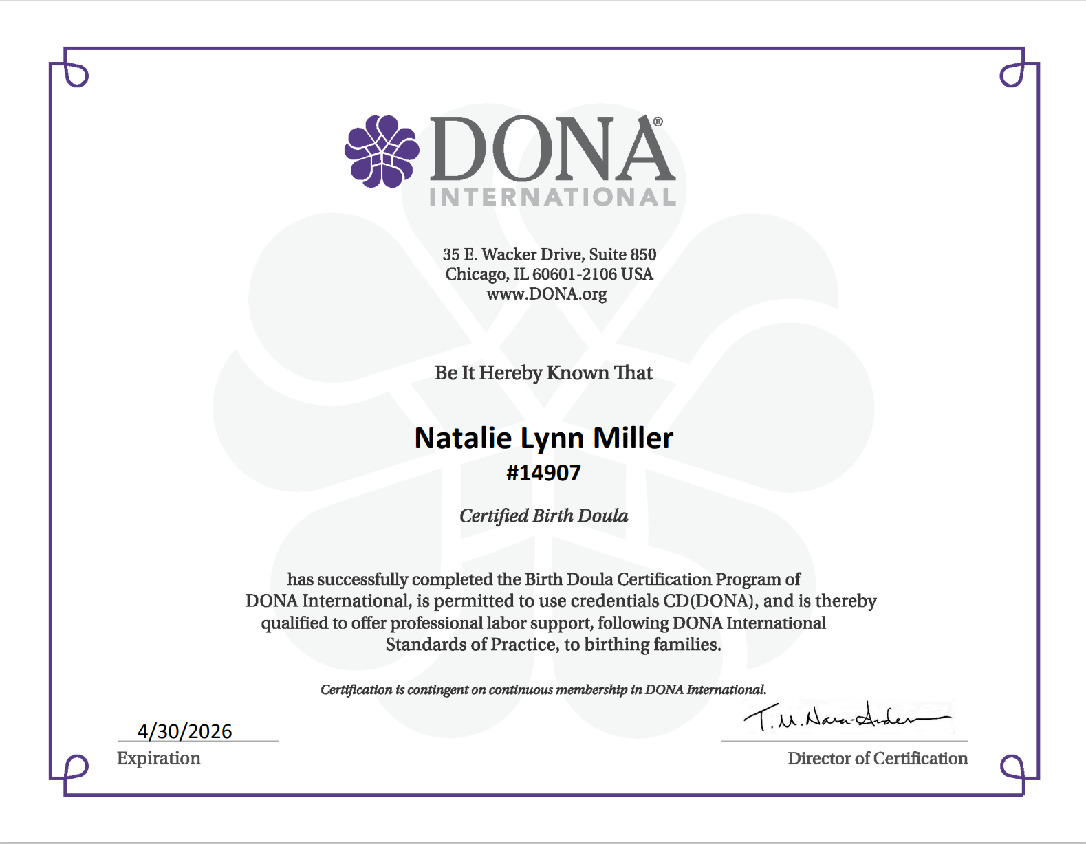 DONA certificate for birth doula