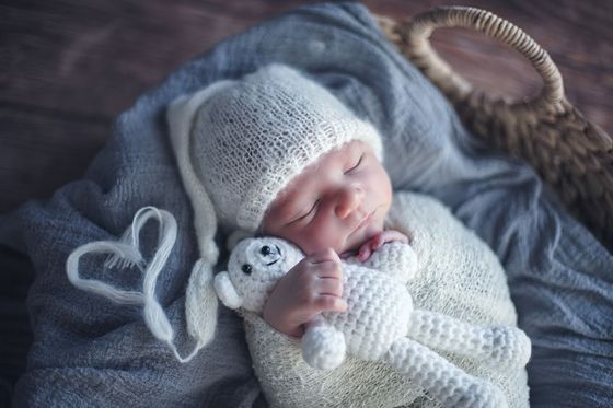 A newborn baby is sleeping in a basket holding a teddy bear.