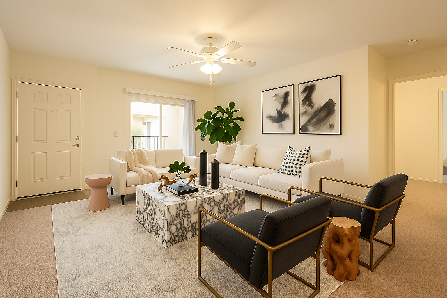 a living room with a pool table and a couch