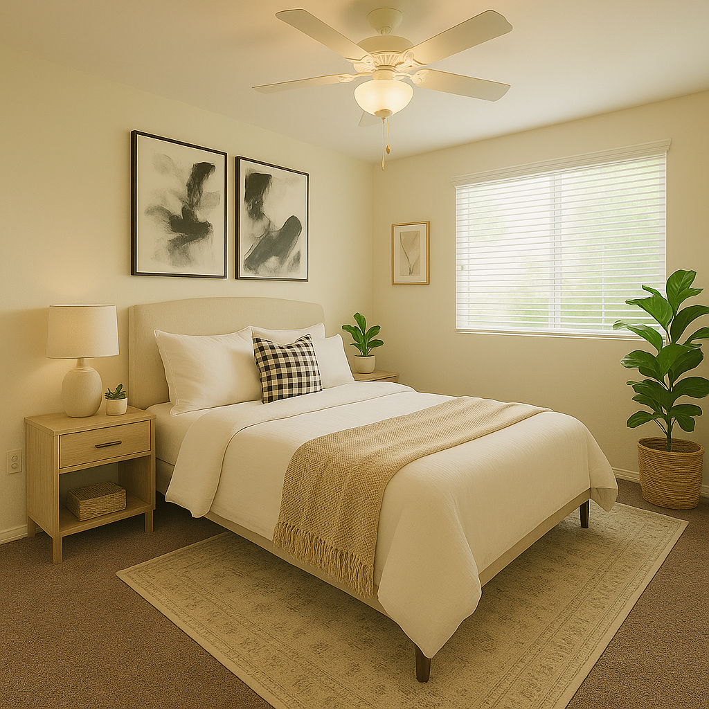 a bedroom with a bed , nightstand , lamp and painting on the wall .