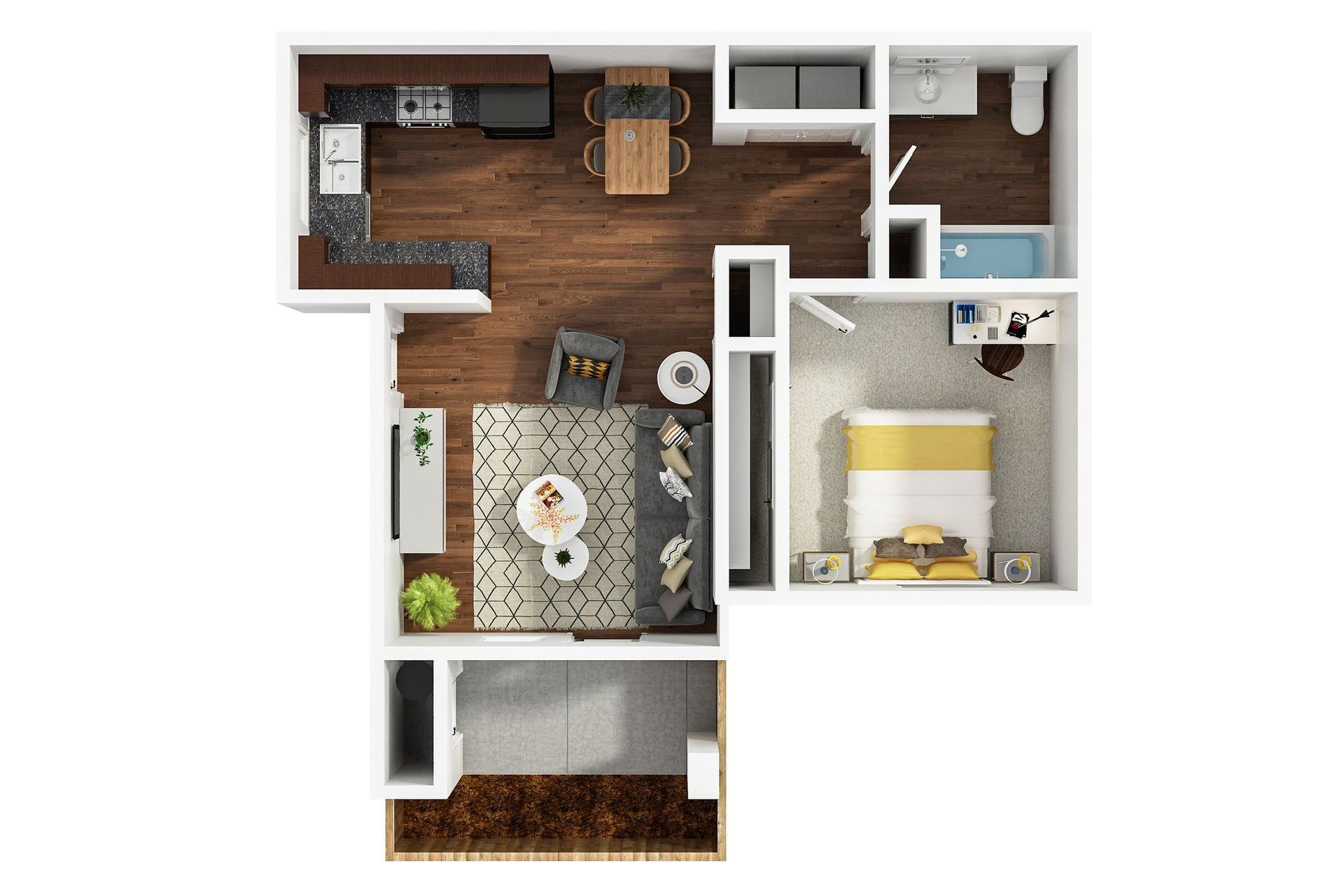 A floor plan of a house with a bedroom , living room , dining room , and kitchen.