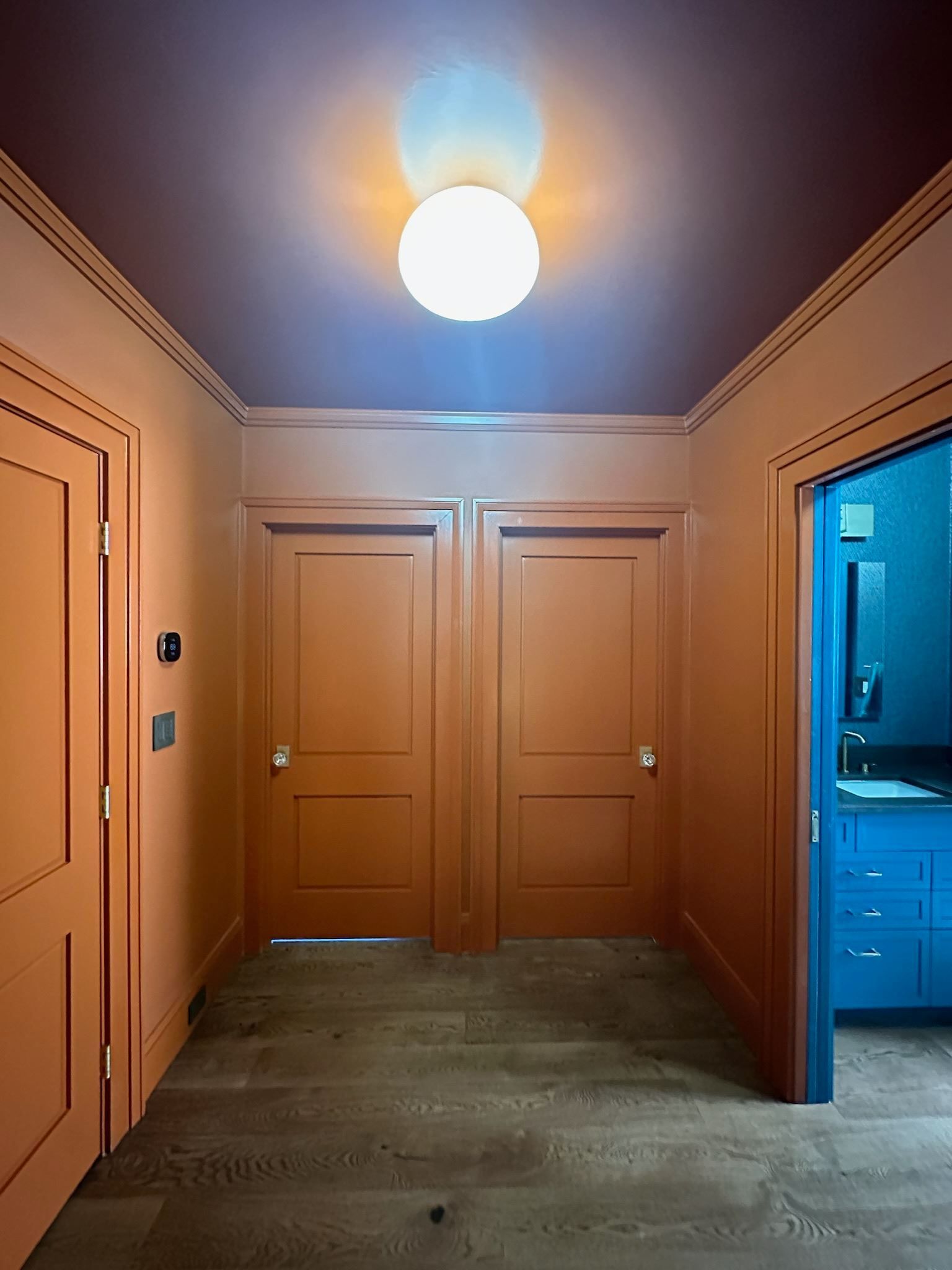 A hallway with orange doors and a ceiling light.