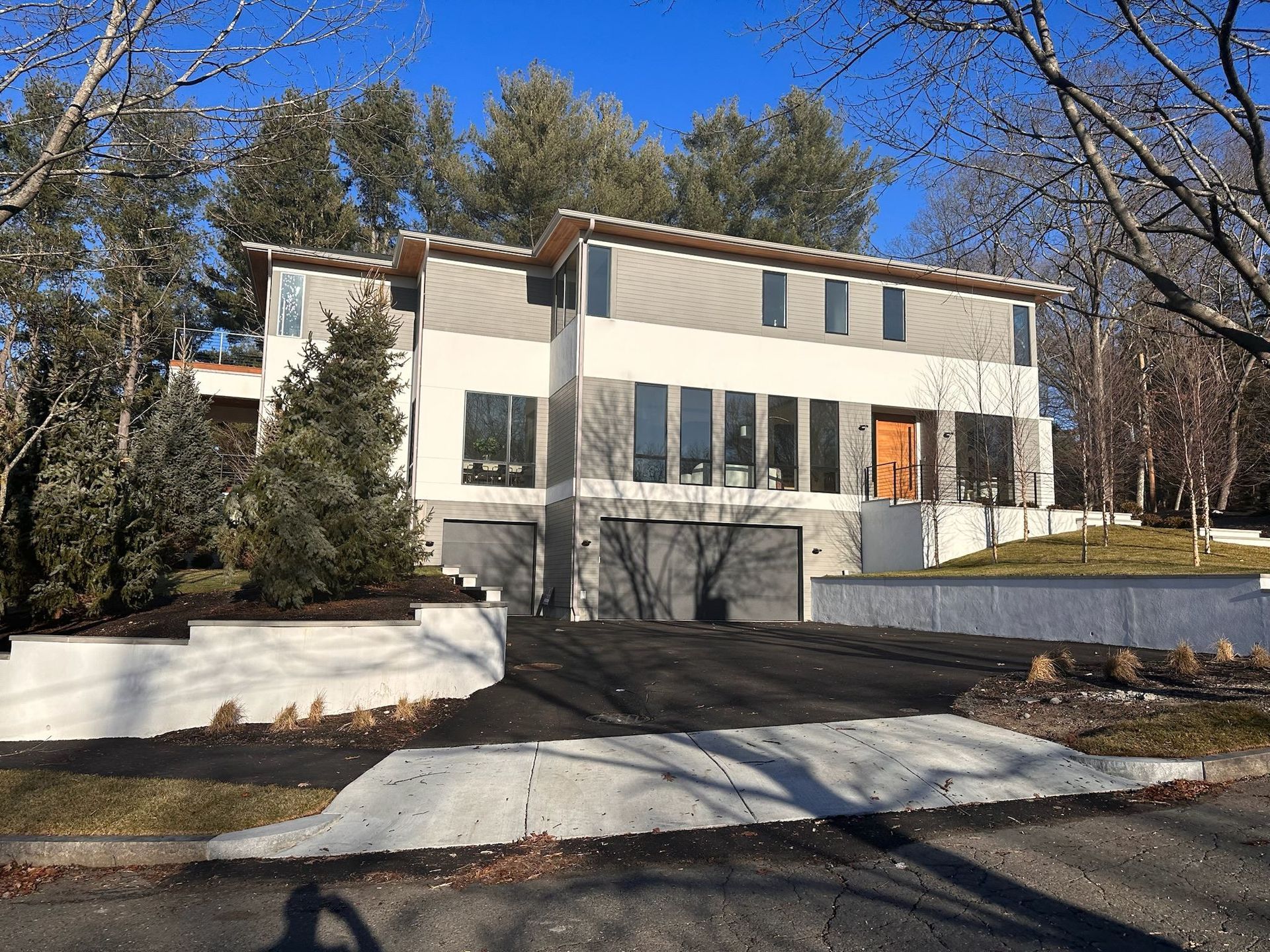 A large house with a lot of windows is surrounded by trees