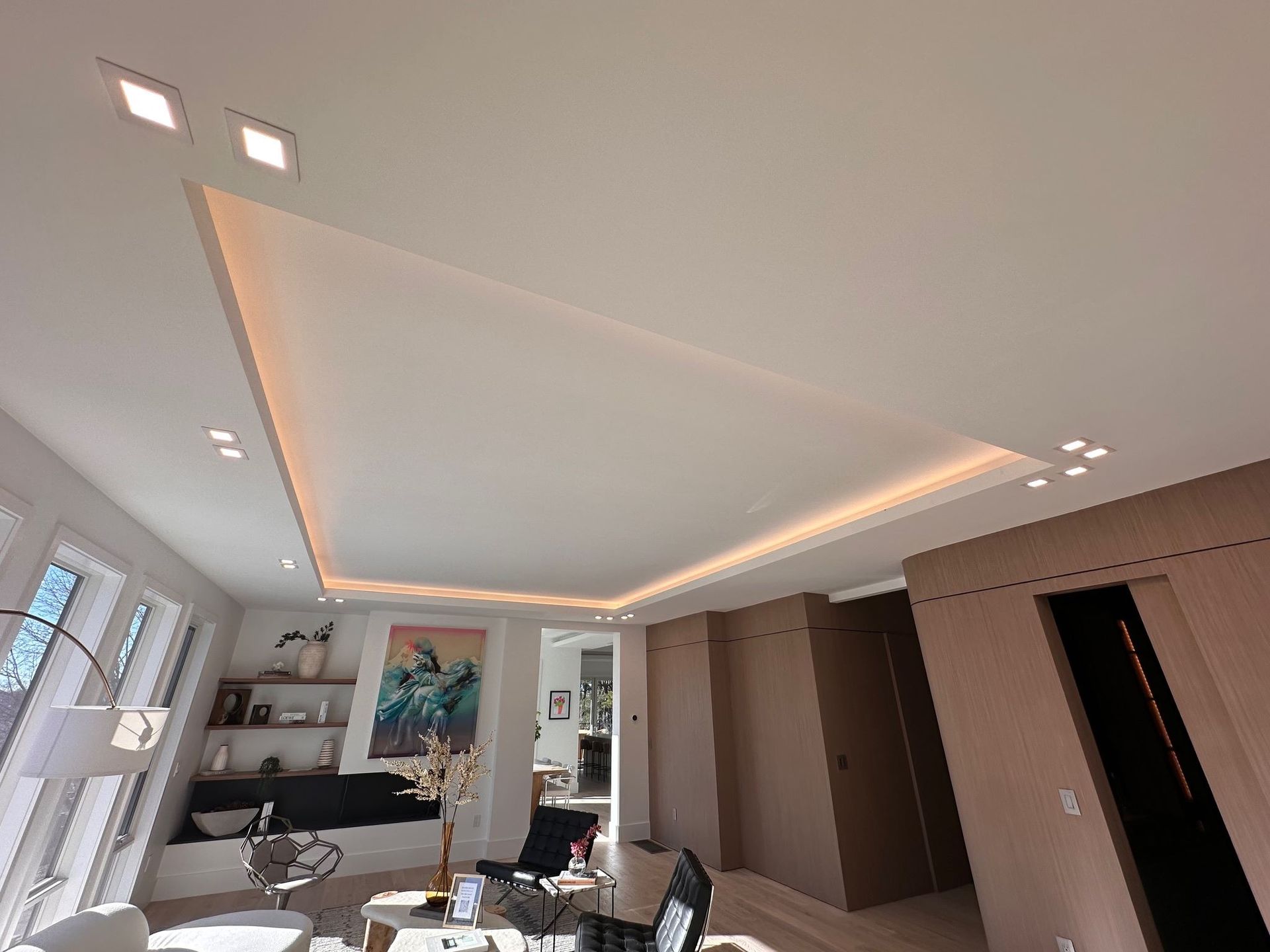 A living room with a ceiling that has lights on it.