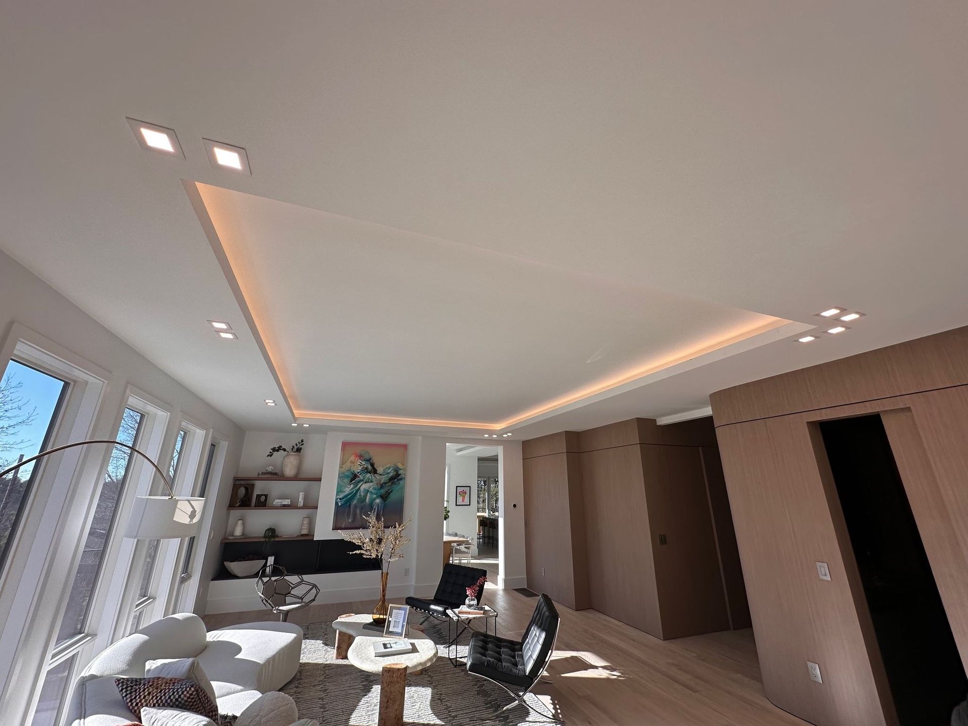 A living room with a ceiling that has a light on it