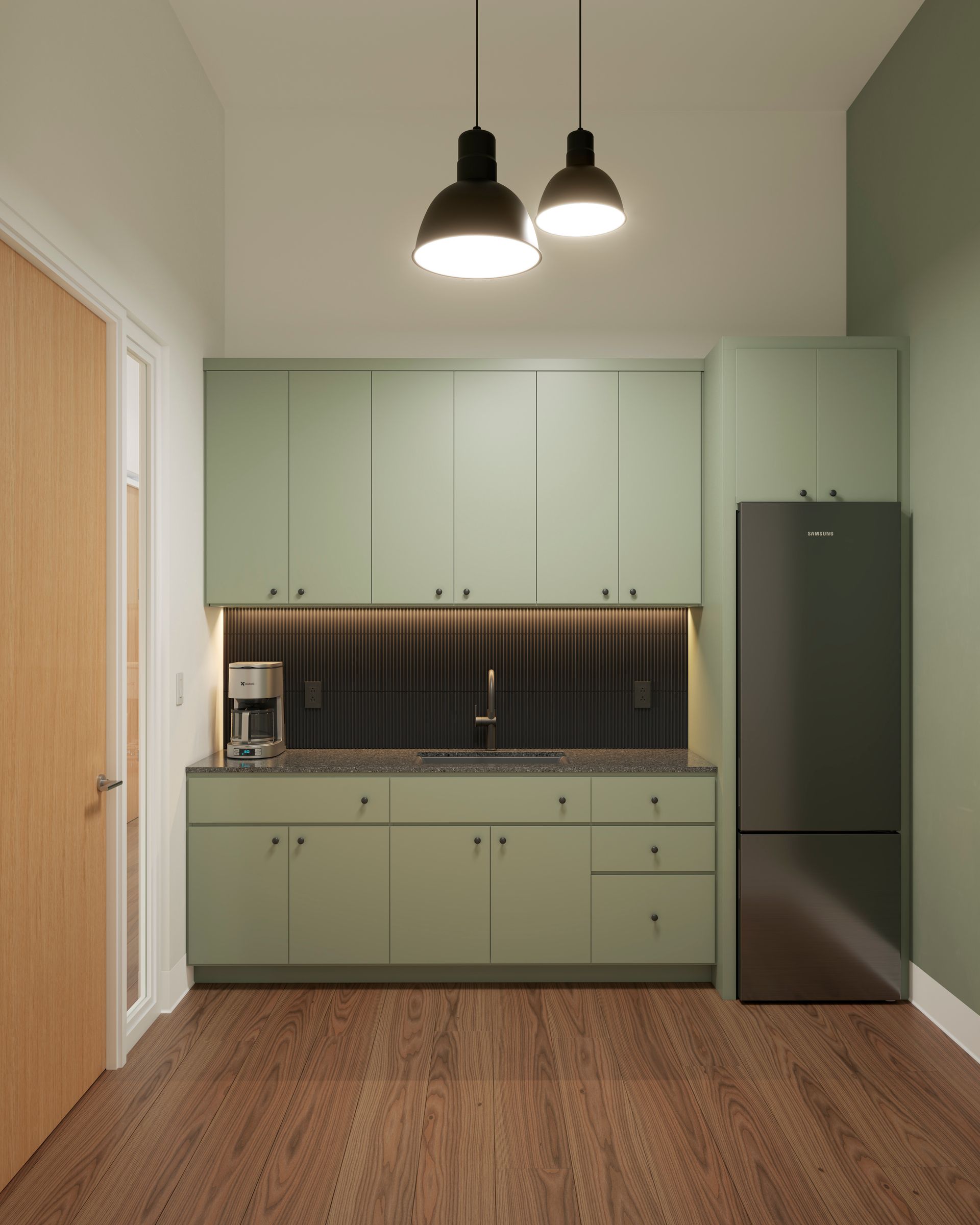 A kitchen with green cabinets and a stainless steel refrigerator