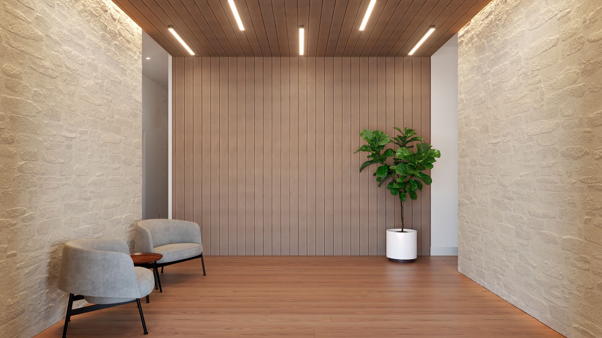 A hallway with two chairs and a potted plant.