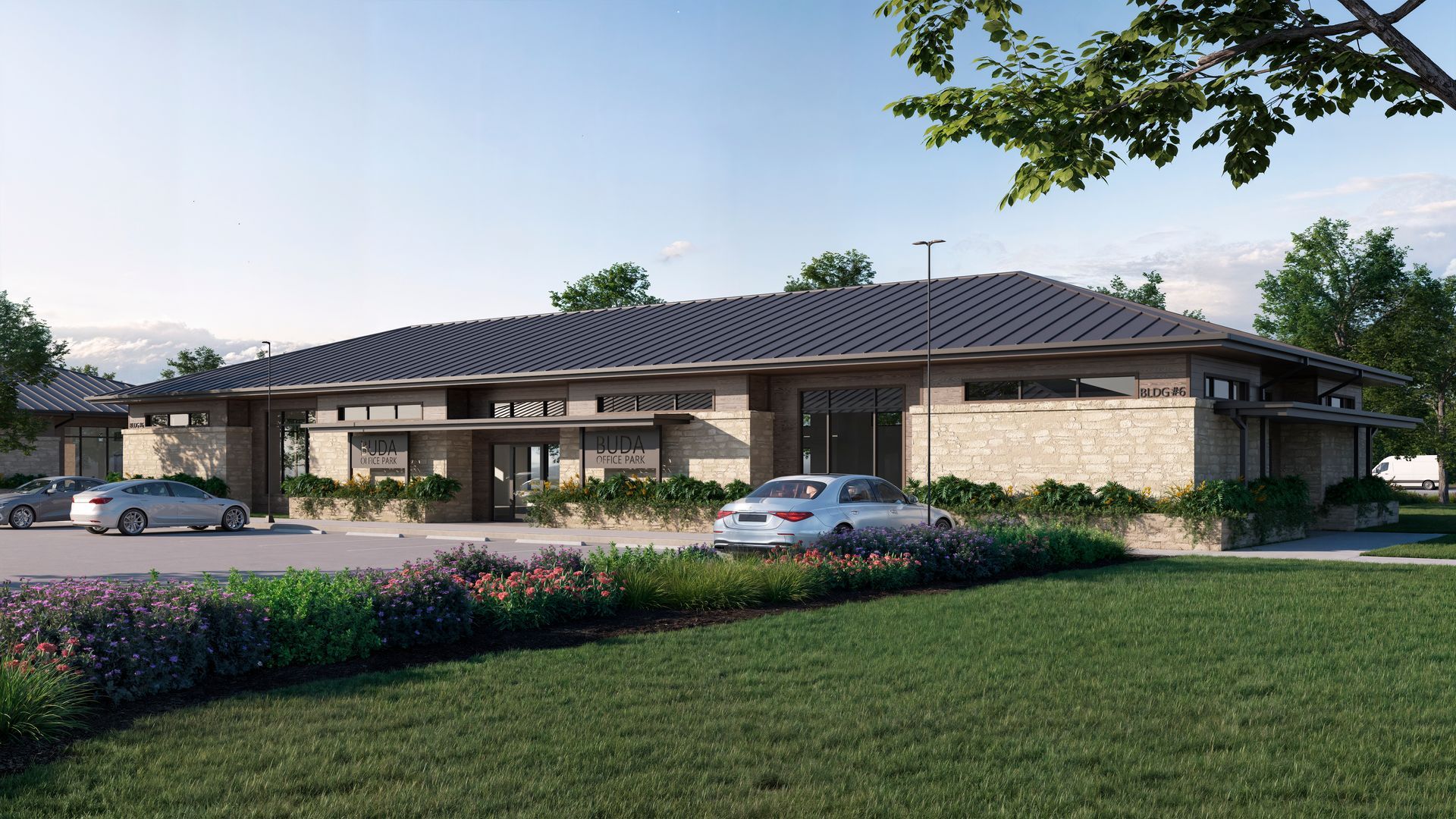 An artist 's impression of a large house with cars parked in front of it.