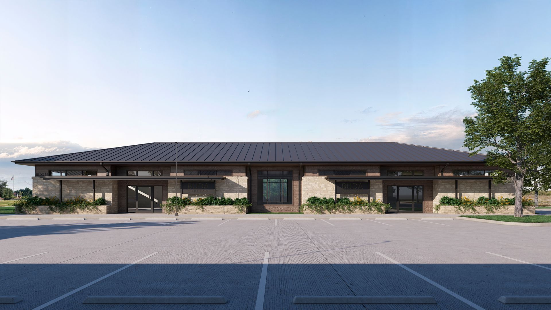 An artist 's impression of a large building with a parking lot in front of it.