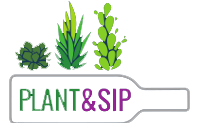 the logo for plant & sip is a bottle with plants on it .