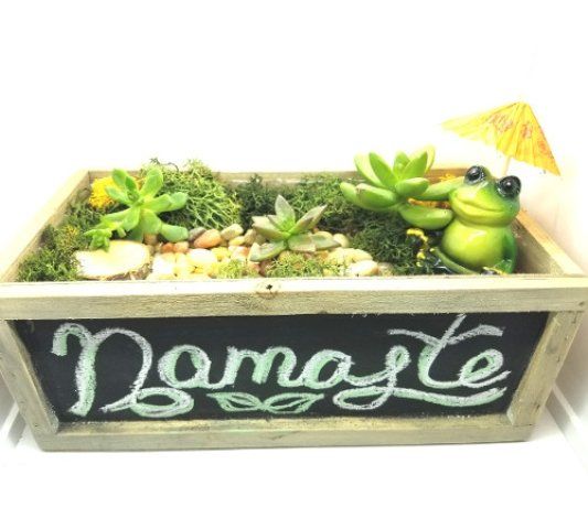 a wooden box with a frog and a sign that says namaste